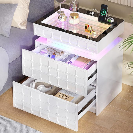 Night Stand with Charging Station and Smart RGB Lights, LED Nightstand with by VlsrkaFurniture