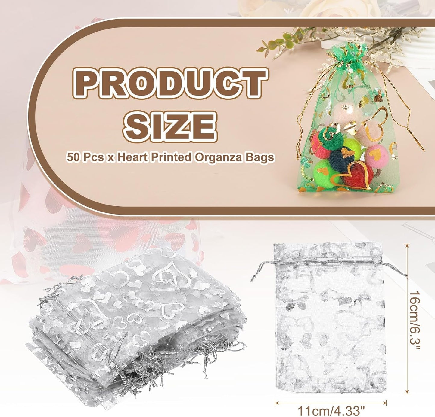 PATIKIL 50 Pcs 4x6 Inch Heart Printed Organza Bags, Silver Sheer Heart Organza Bags with Drawstring for Christmas Candy Jewelry Party Wedding Favor Gift