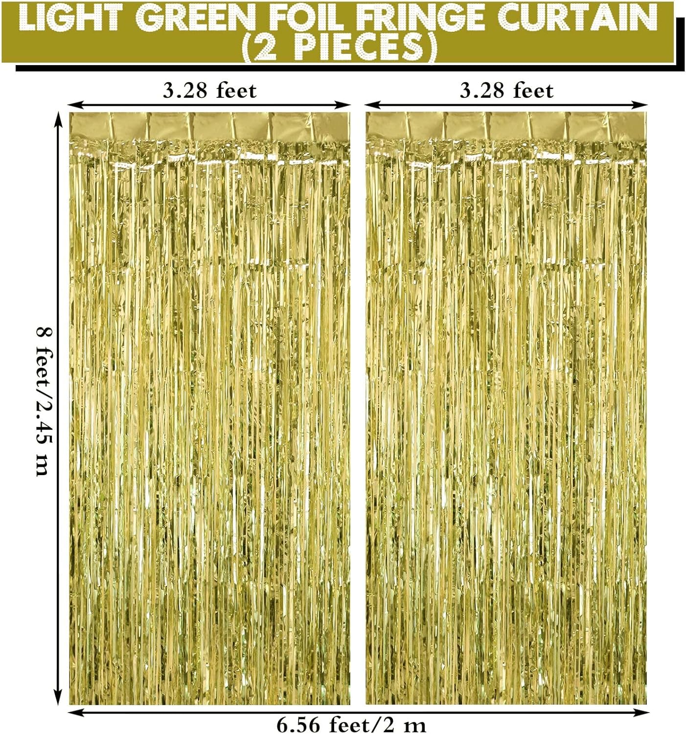 2 Pack Light Green Fringe Curtains Foil Shiny Fringe Backdrop Tinsel Door Streamers Foil Curtains for Birthday Wedding Engagement Bridal Shower Celebration Party Decorations Large
