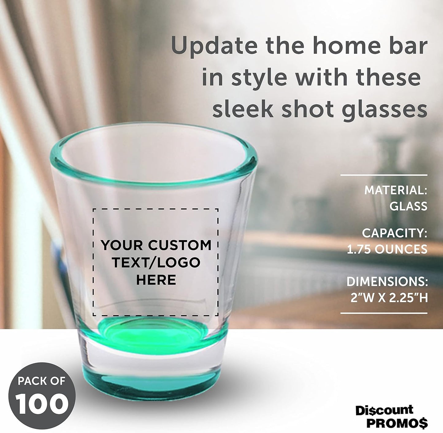 Custom Shot Glasses 1.75 oz. Set of 100, Personalized Bulk Pack - Great for Wedding Favors, Bachelorette Party Decorations, Party Fovors, Color Bottom - Green