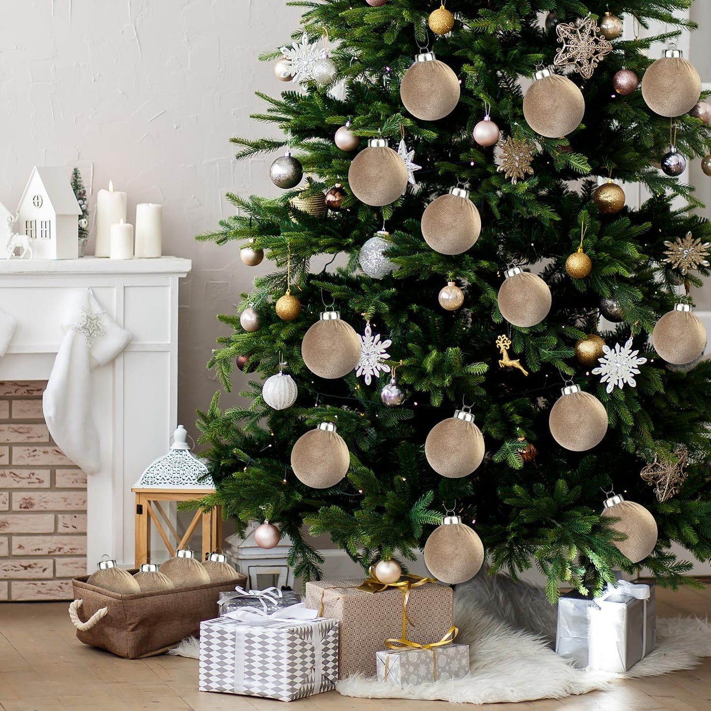 Brown Velvet Christmas Ornaments for Tree 15 PCS, Big Neutral Flocked Christmas Balls Ornaments Set, Shatterproof Earth Tone Xmas Hanging Decor for Holiday (Light Brown, 3.15 Inch)