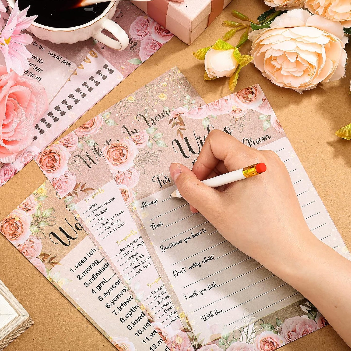 Teling 145 Pieces Bridal Shower Game Bridal Shower Favors Set Wedding Games Cards and Pencils for Bride Groom Bachelorette Party Wedding Party Favor(Rose Style)