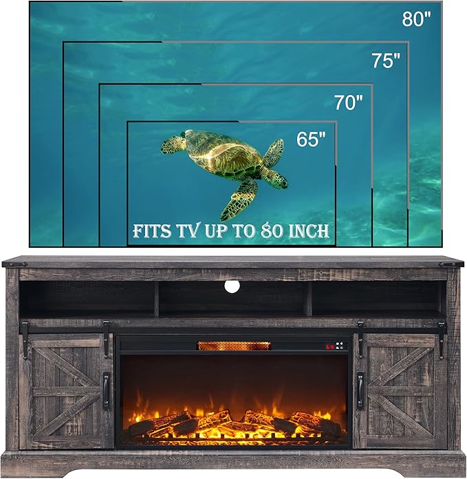 OKD Fireplace TV Stand for 80 Inch TV, Rustic Media Console w/Sliding Barn Door - Image 6
