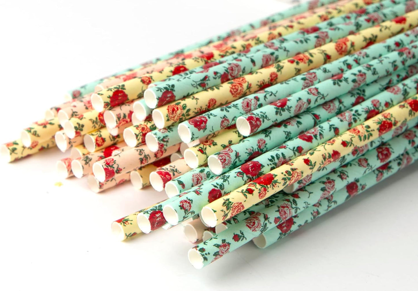 75-Pack Eco-Friendly Biodegradable Paper Straws - Vintage Rose & Floral Design in Pink, Blue, Yellow - Disposable Straws for Parties By JPACO