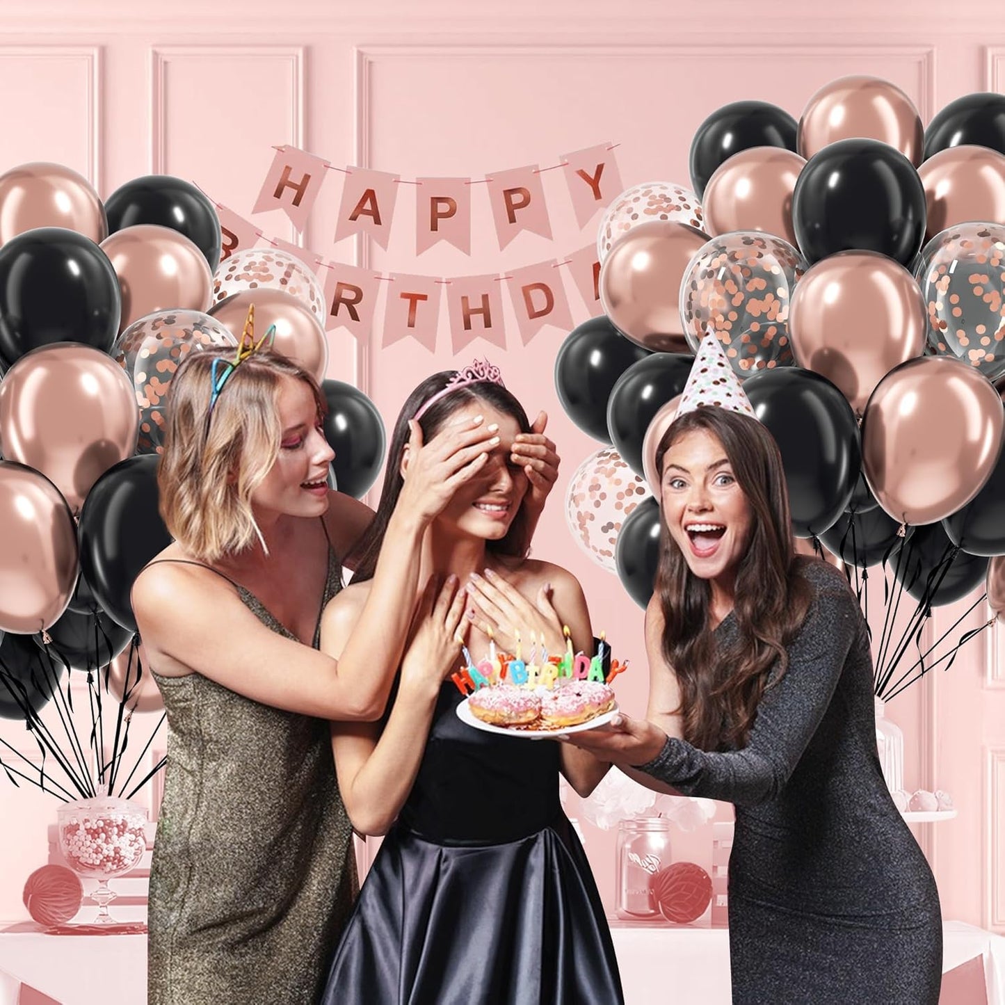 60pcs Rose Gold and Black Balloons 12inch with Rose Gold Confetti Balloons for Wedding Graduation Baby Shower Birthday Party Decoration