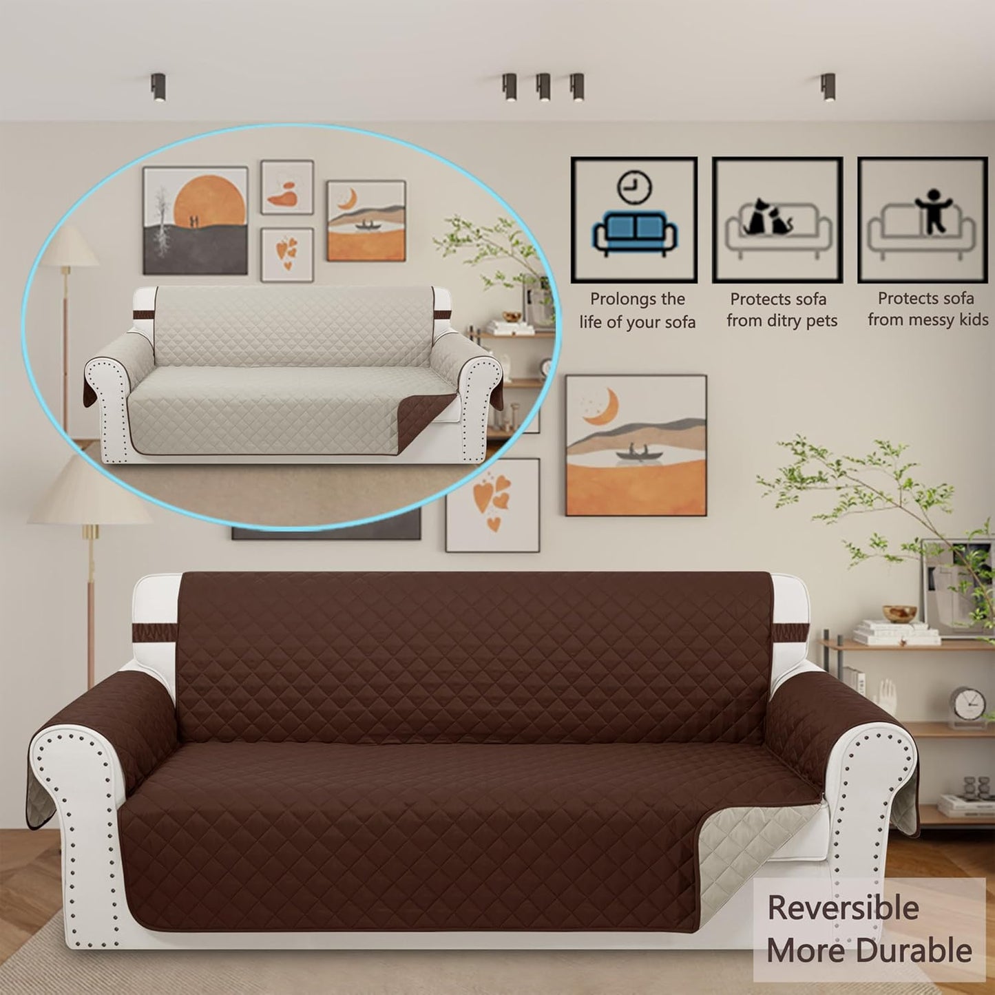 Reversible Sofa Covers Couch Cover Furniture Protector for Dogs Elastic Straps Water Resistant(Sofa,Brown/Beige)