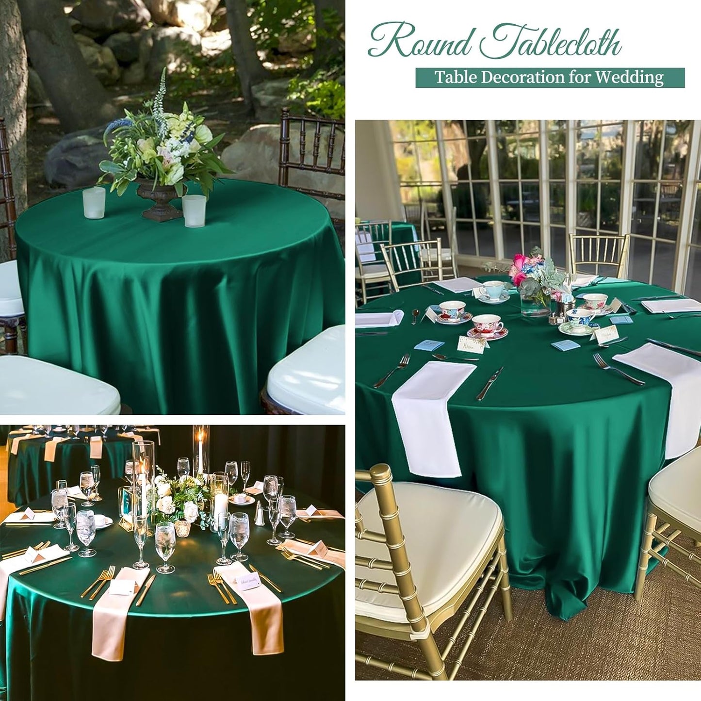 6 Pack 120 Inch Hunter Green Satin Tablecloth - Premium Bright Silky Round Tablecloth Overlay Smooth Fabric Table Cover, Table Decoration for Wedding Party Banquet Events Restaurant Kitchen Dining
