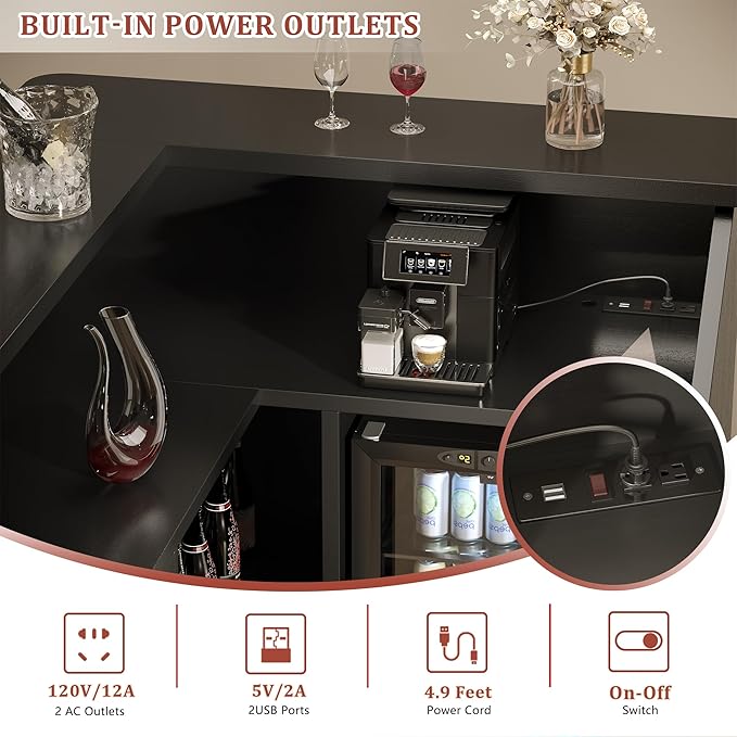 L-Shaped Home Bar Unit with Power Outlet, 4-Tier Corner Liquor Bar Cabinet with - Image 5