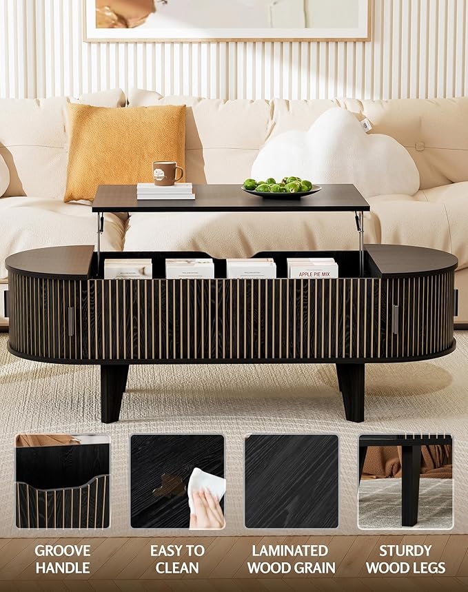 Oval Coffee Table with Storage, 47.2" Fluted Lift Top Coffee Table with 180° - Image 4