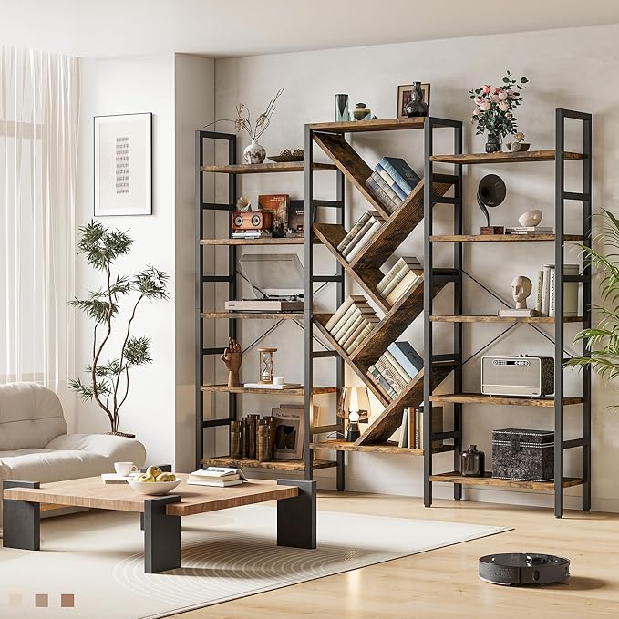 INNOD 70x70 Triple 5 Tier Book Shelf, Large Wooden Bookcase - Image 3