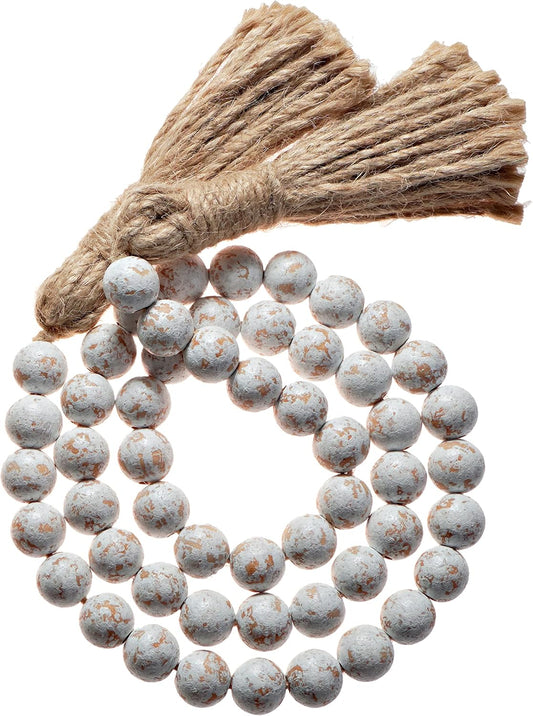 Farmhouse Wood Bead Garland Home Decor, Natural Wooden Garland for Tiered Tray, Decorative Tassel for Tier Tray, Rustic Beads Centerpiece Boho Table Decor, Beaded Accent White Washed