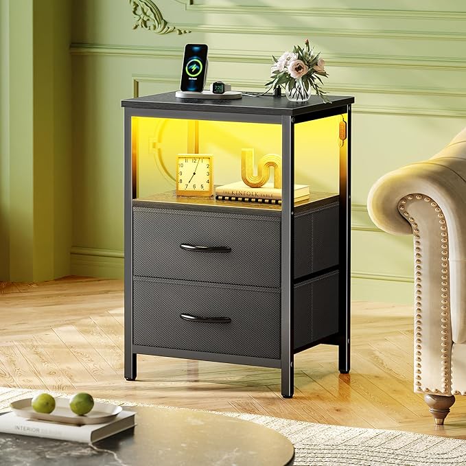 Huuger Night Stand with Charger Station and LED Lights, 2 Drawer Nightstand - Image 2