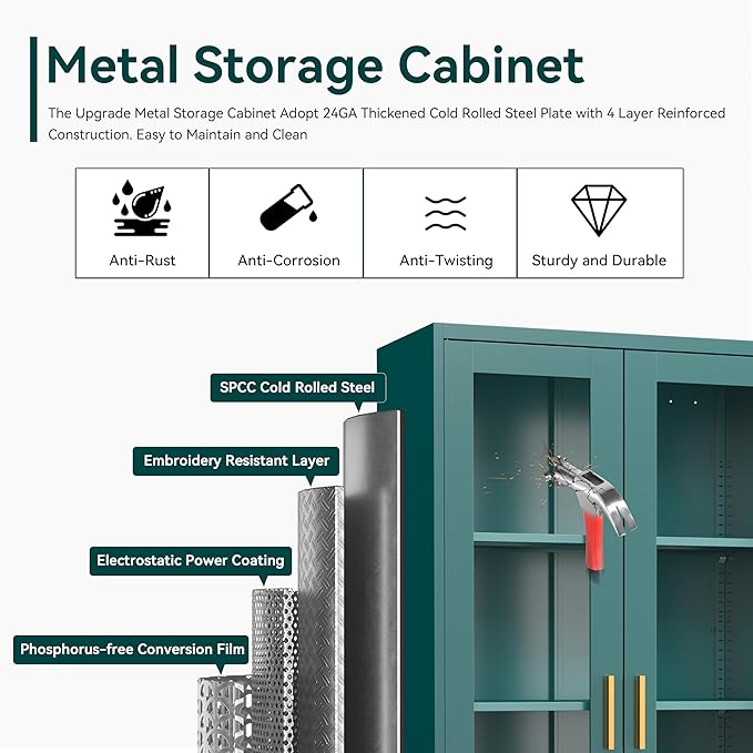 Polup Curio Cabinets with Glass Doors, Tall Bookcase with Adjustable Shelves - Image 4