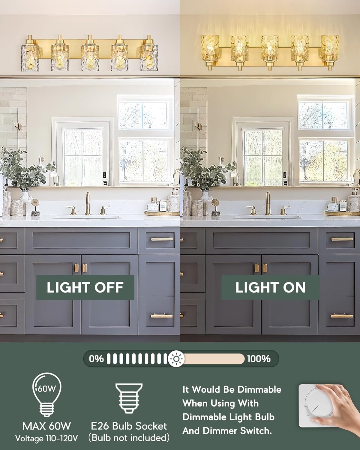 5-Light Bathroom Light Fixtures, 30 Inch Brushed Gold Vanity Lights with Clear Hammered Glass Cylinder Shade, Modern Vanity Lighting Fixture Over Mirror, VL198-BG-5