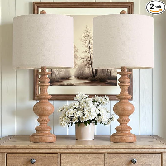 BOBOMOMO 24" Farmhouse Table Lamps Set of 2 – Rustic Light Brown Resin Bedside by BOBOMOMO