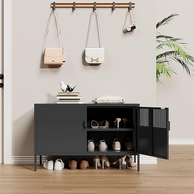 Metal Storage Cabinet, 2 Door TV Stand, Metal Mesh Accent Cabinet, Magnetic - Image 5
