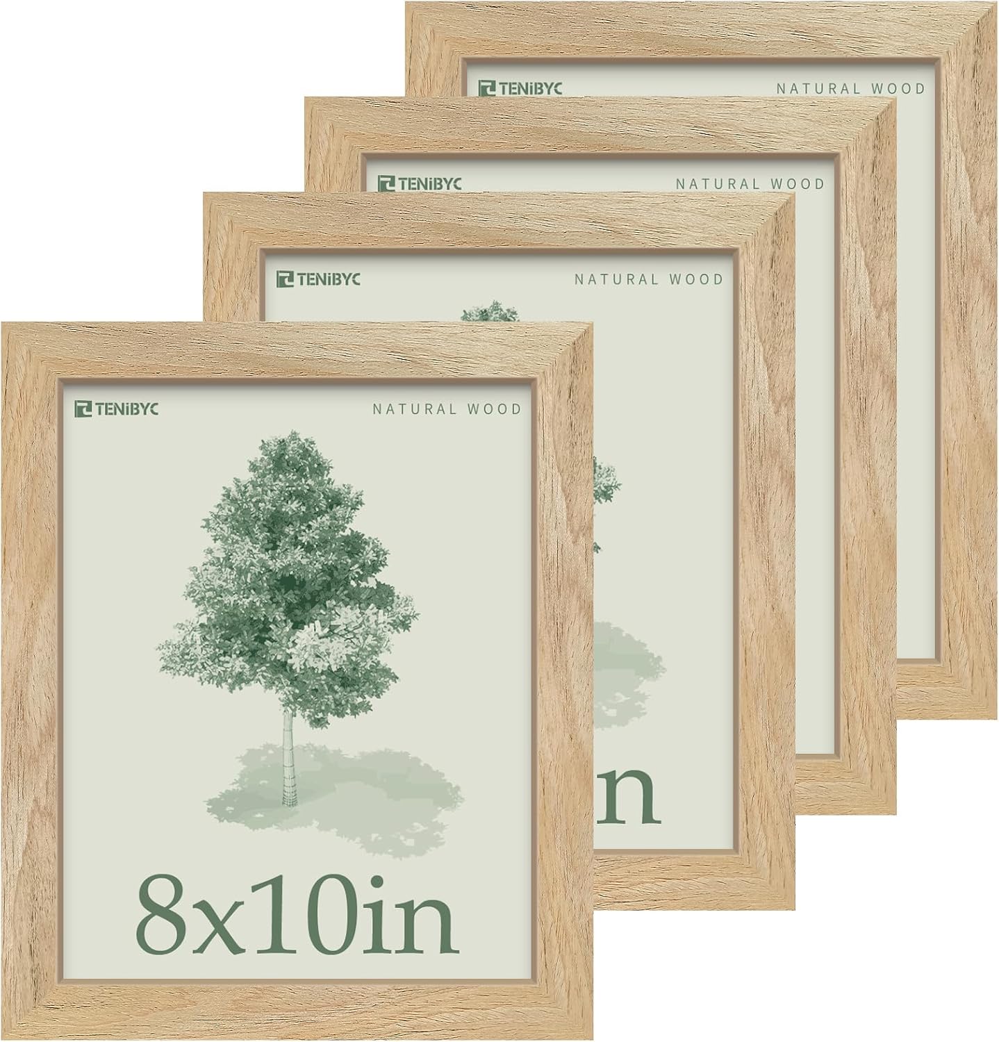 8x10 Picture Frame 4 Pack, Textured Natural Wood, HD Tempered Glass, Gallery Photo Frame, Table or Wall Display