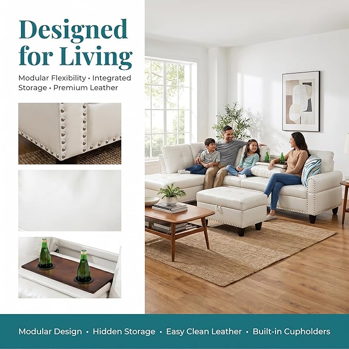 97.5" White L Shaped Couch Set Leather, Modular Sectional Couches - Image 4