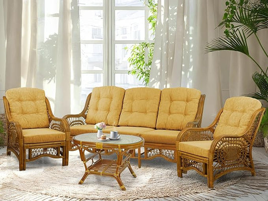 Malibu Lounge Set of 4: 2 Natural Rattan Wicker Chairs, Three-Seater Sofa by Wickerix