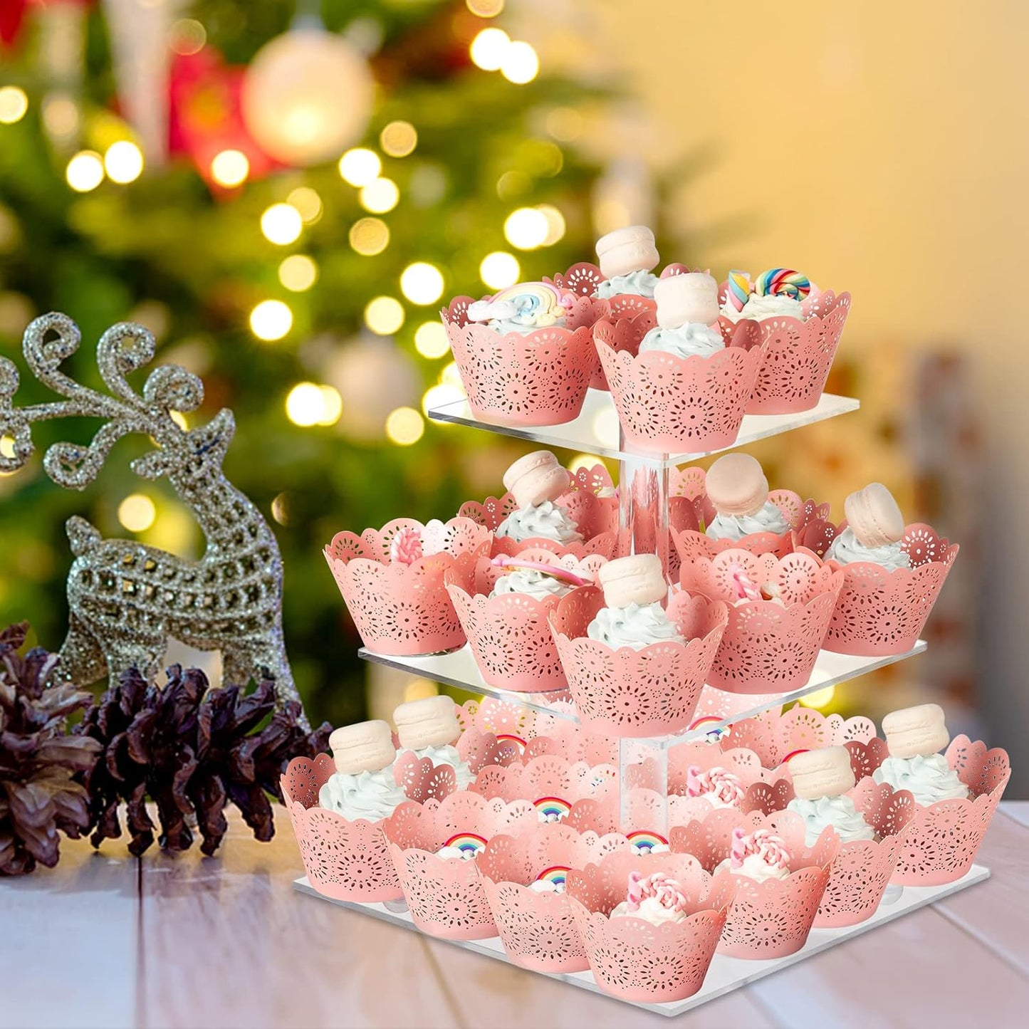 Boxalls Cupcake Stand, 3 Tier Square Acrylic Cupcake Display Stand Holder, Clear Dessert Pastry Tower for Wedding, Birthday, Theme Party, Baby Shower