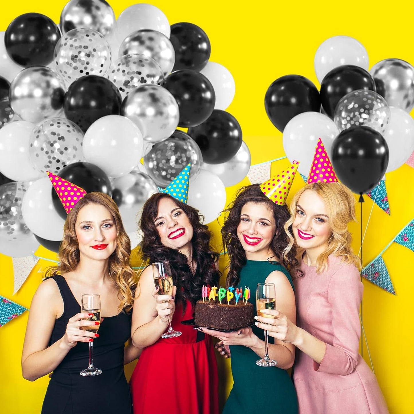 100pcs Black White Silver Balloon Kit - 12 Inch Metallic Silver Black White Confetti Balloons for New Year Eve Party Anniversary Birthday Graduation Decorations (66ft Ribbons)