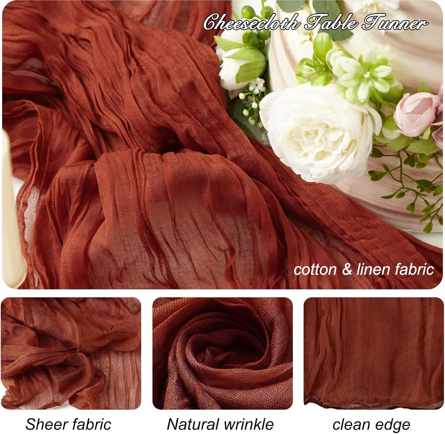 8 Pack 10Ft Terracotta Cheesecloth Table Runner 35x120 inch Boho Gauze Cheese ClothsTable Runners Long Wrinkled Sheer Romantic Table Runner for Wedding Bridal Shower Birthday Party Table Decor