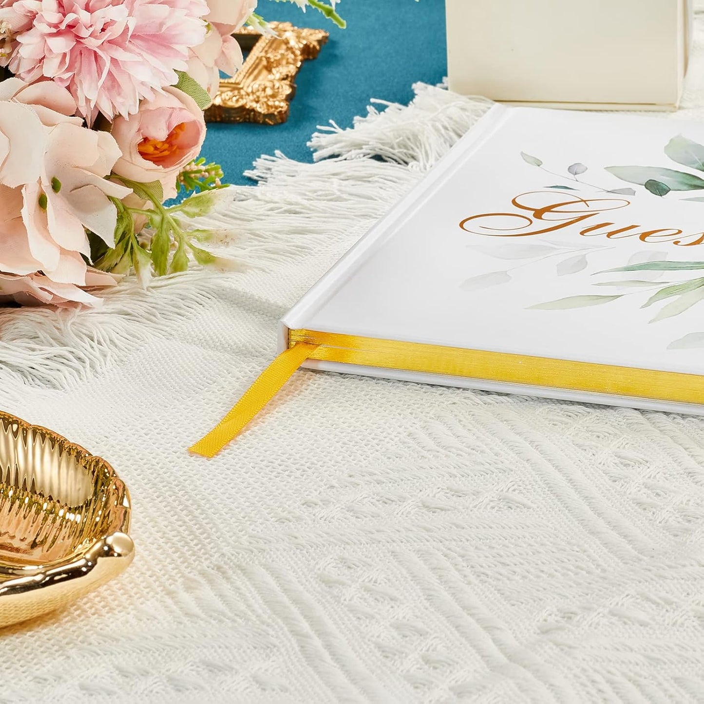 TRULIVA Wedding Guest Book with Pen - Sign in Book for Wedding Reception - Gold Foil - Hard Cover, 7" x 9" (Eucalyptus Gold Foil, Book and Pen)