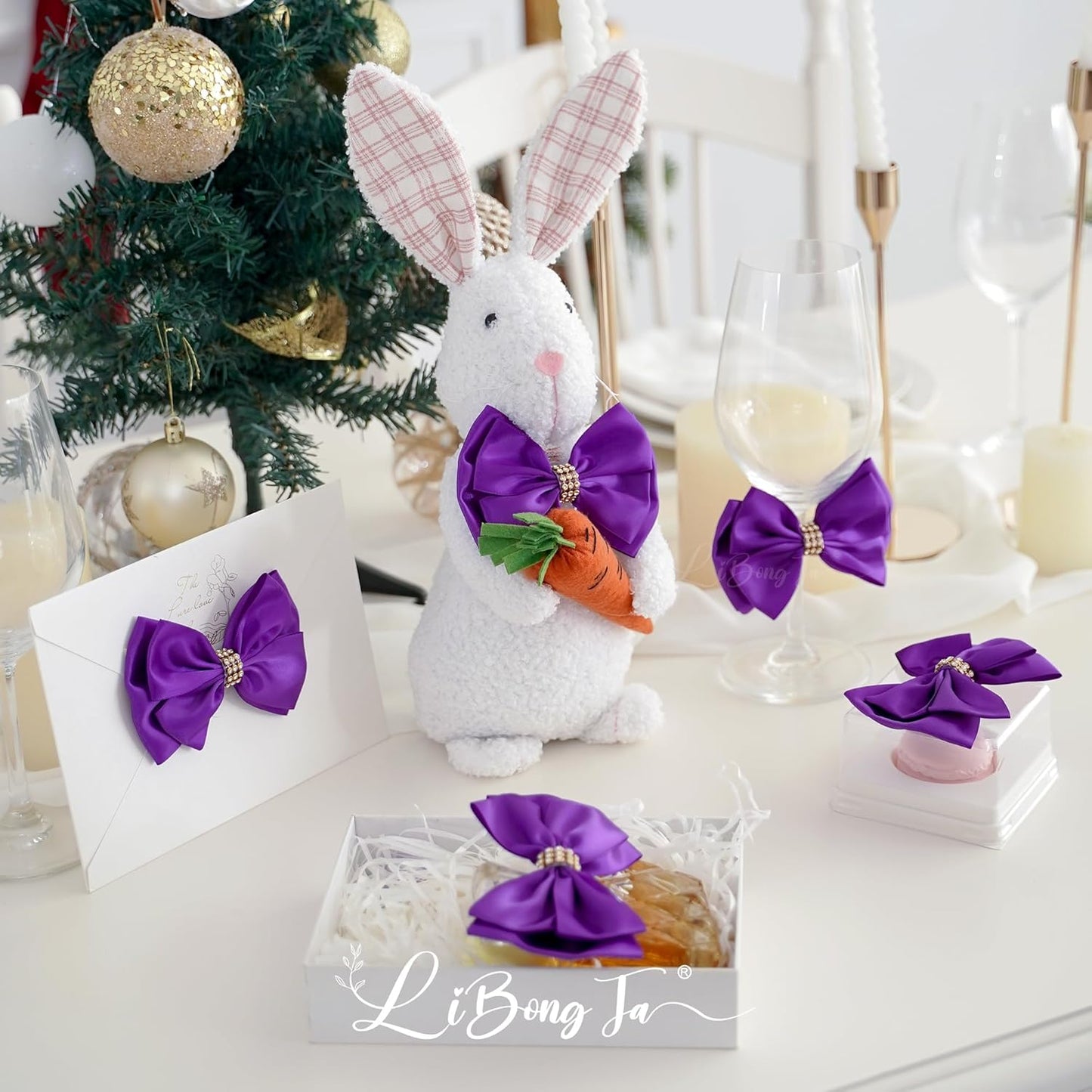 Purple Ribbon Bow 4'' Premade Satin Bow, Purple Gift Bows with Rhinestone, Wrapping Bows for Presents, Greeting Cards, Treat Bags, Wine Bottles, Valentines Bows for Gift Wrapping-12 Counts