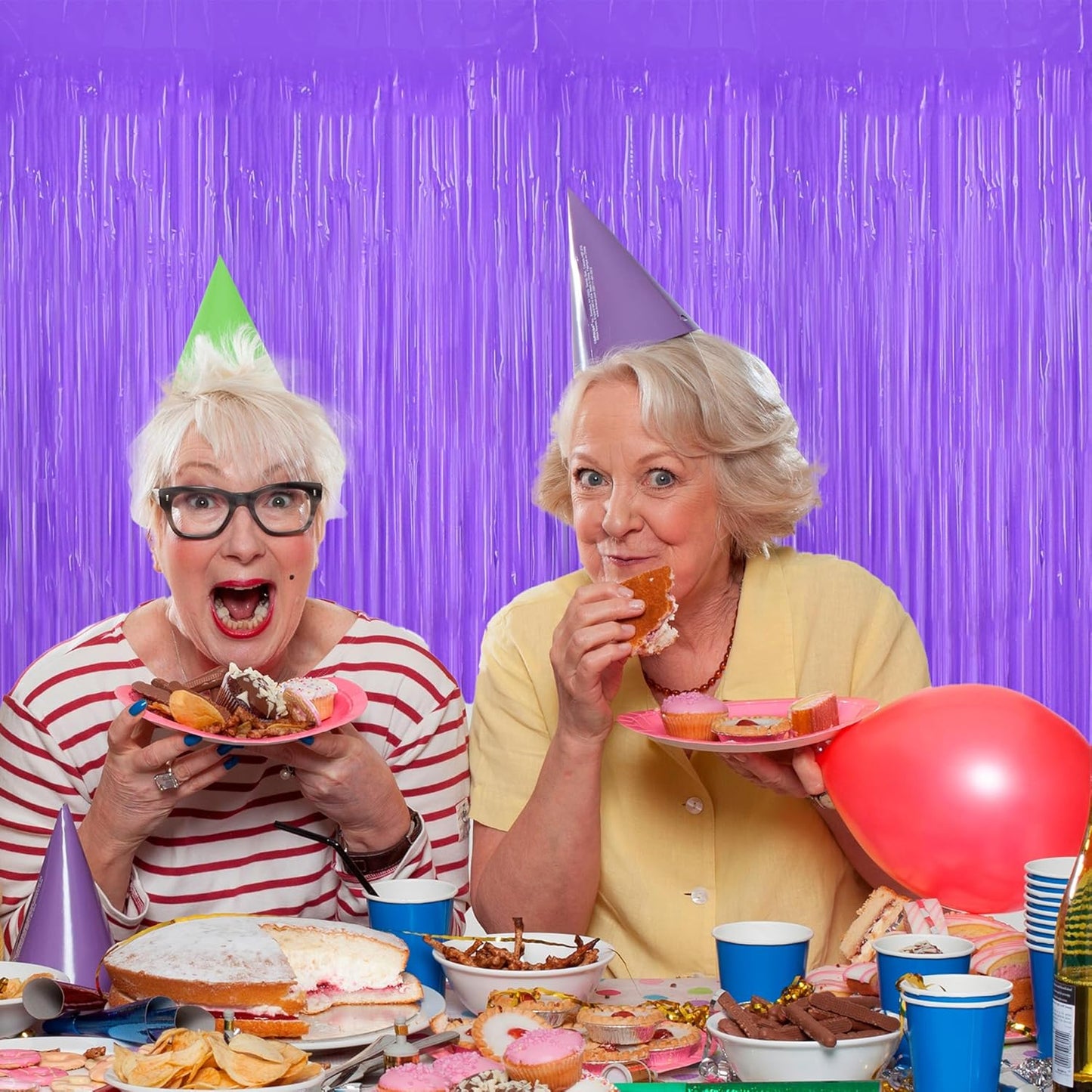 BEISHIDA 2Pcs Purple Door Streamer Fluorescent Purple Backdrop Blue Foil Fringe Curtains Tinsel for Birthday Baby Shower Halloween Backdrop Wedding Party Decoration (3.28 ft x 6.56 ft)