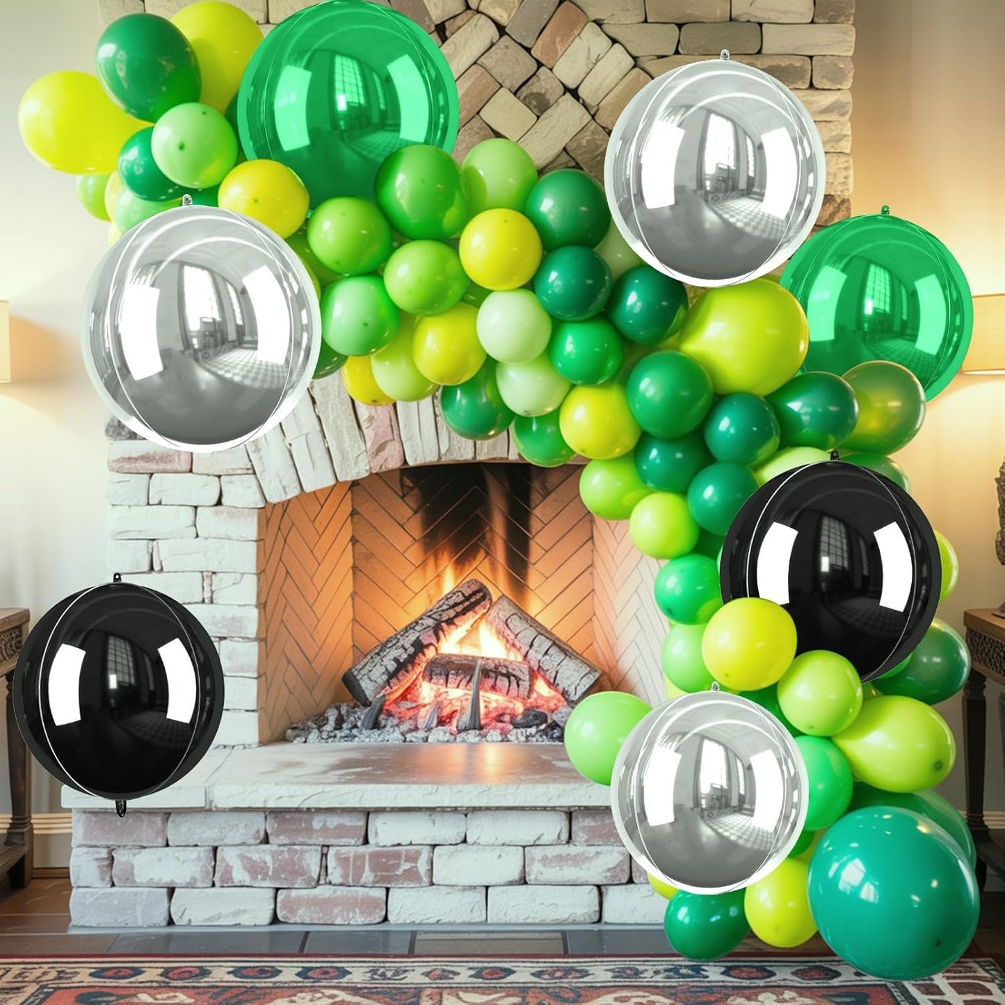 Green Silver Black Giant Foil Balloons, 6 Pcs Large Metallic Green and Black Round Balloons, 22 Inch Big Round Foil Balloon for Birthday Party Baby Shower Graduation Prom Wedding Decorations