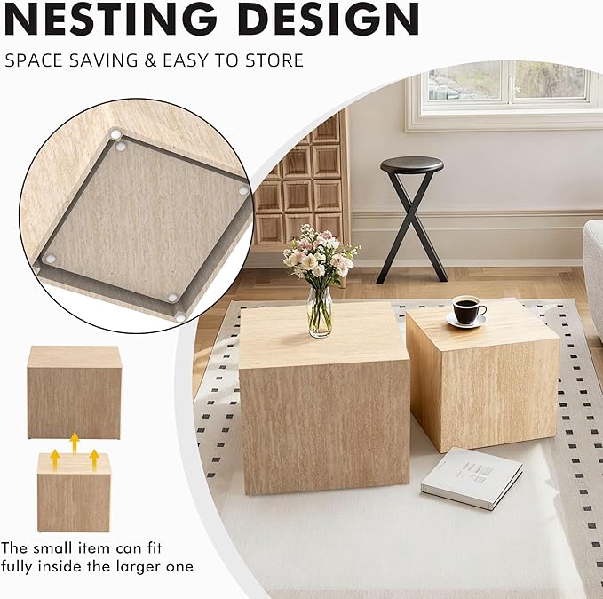 Square Nesting Tables for Living Room, Wood Travertine Veneer Nesting Coffee - Image 6
