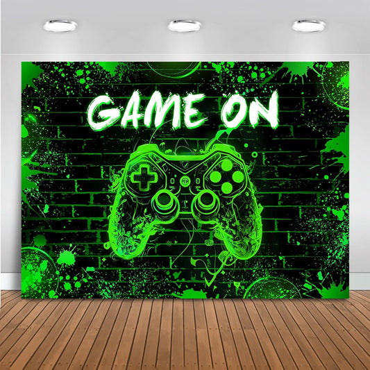 Mocsicka Game On Backdrop Video Game for Boys Level Up Birthday Party Decoration Game Night Arcade Neon Glow Gamer Banner Photography Background (Green, 7x5ft(82"x60"))