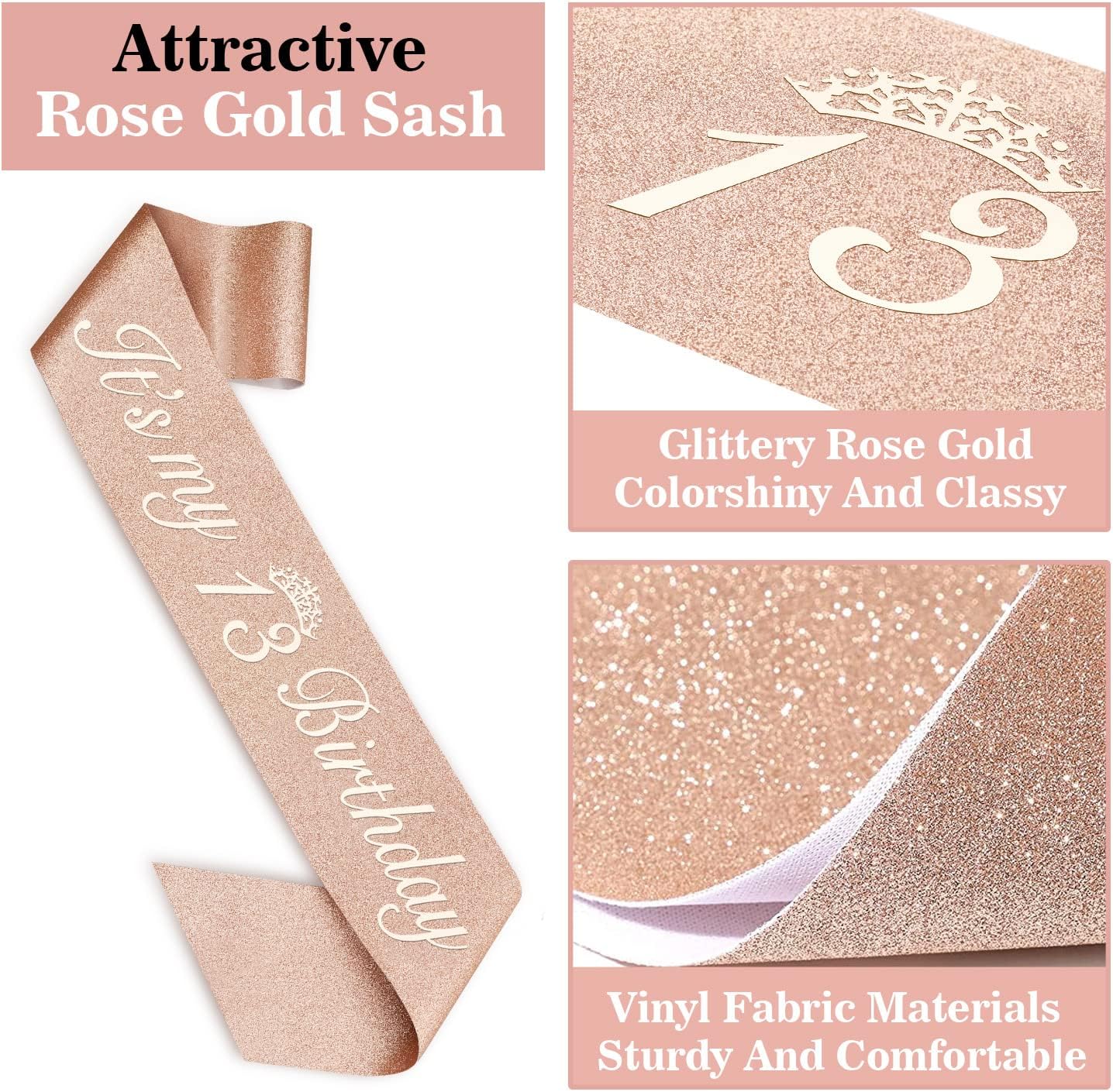 13th Birthday Decorations for Girls, Including Sash, Crown/Tiara, Candles and Cake Topper, Rose Gold Teen Girl Gifts for 13 Year Old Birthday Decorations