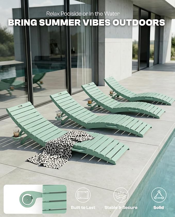 Folding HDPE Pool Lounge Chairs Set of 4, Pre-Assembled Outdoor Chaise Lounge - Image 6