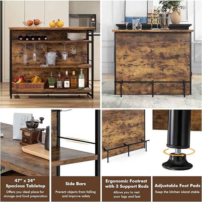 PETSITE Industrial Home Bar Unit, Stationary Kitchen Island w/ 4-Tier Storage - Image 6
