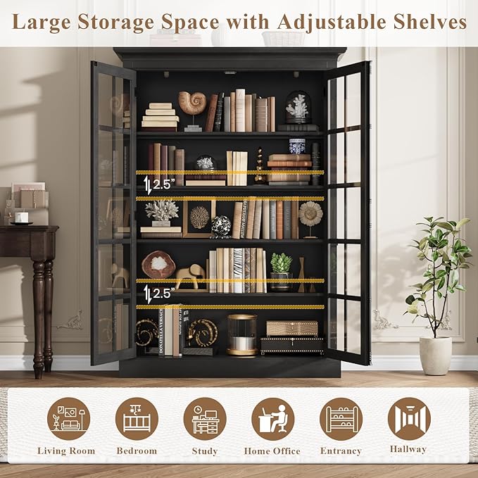 QUW Modern 65" Tall Display Cabinet, Farmhouse Curio Cabinets - Image 6