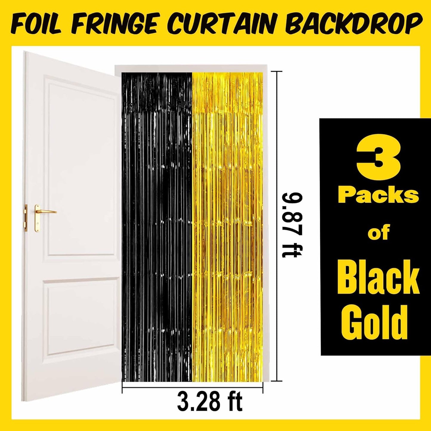 3 Pack Black and Gold Foil Fringe Curtains Backdrop, 3.28 x 9.8 Ft Metallic Streamers Tinsel Curtains Background for Photo Booth, Birthday, Halloween, Christmas, New Year Party Decorations