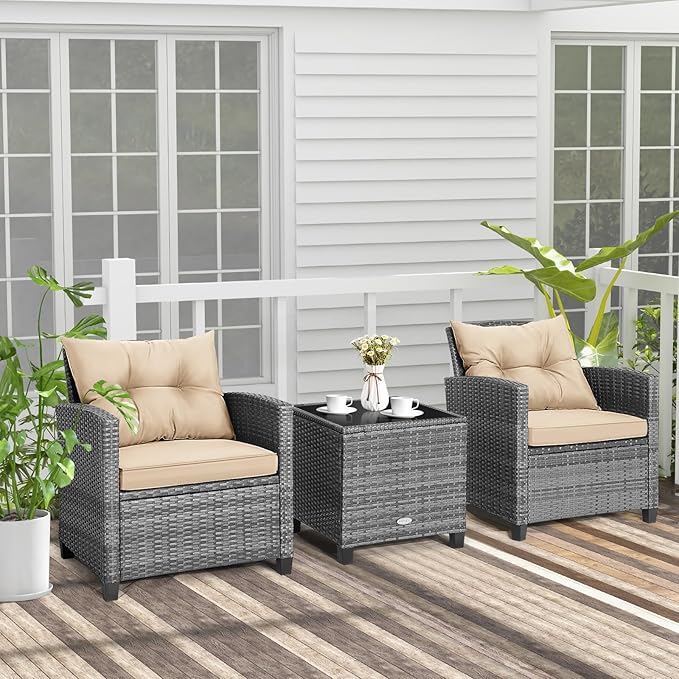 COSTWAY 3PCS Patio Furniture Set, PE Rattan Wicker Sofa w/Washable Cushion and - Image 2