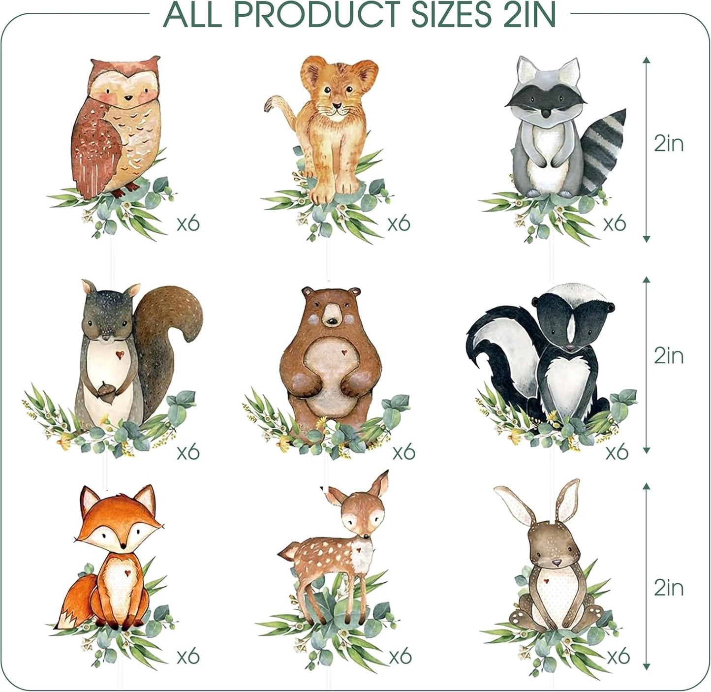 54-Piece Woodland Animal Cupcake Toppers – Neutral Forest Creatures Cake Picks for Baby Shower & Gender Reveal Party Decorations, Multicolor Fox, Deer, Owl & Bear Designs