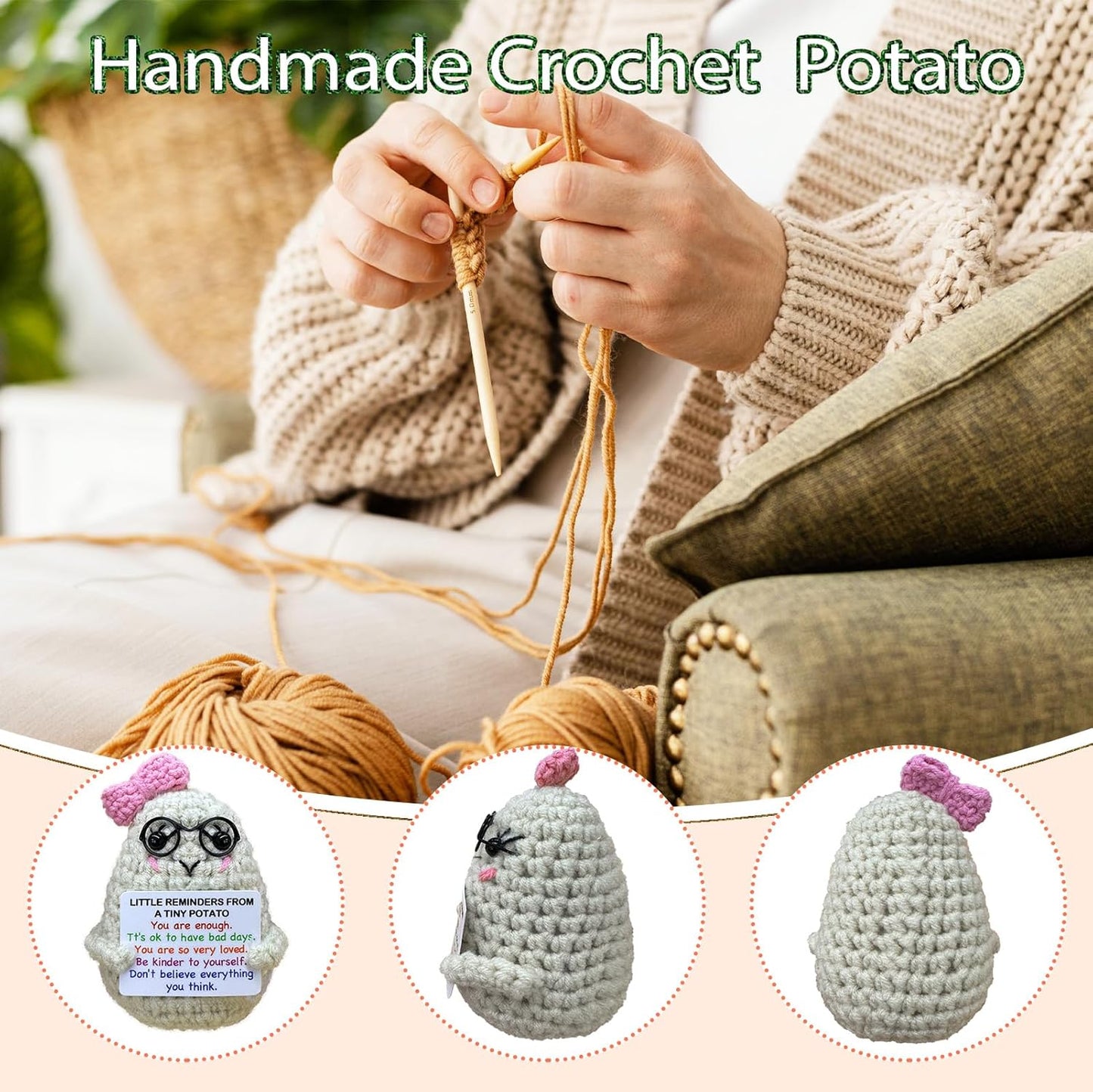 Handmade Crochet Positive Potato Gifts for Women Men Daughter Son Birthday,Teacher Nurse Week Graduation Gift,Handmade Kintted Crochet Doll with Emotional Encouragement Card,Desktop Decors