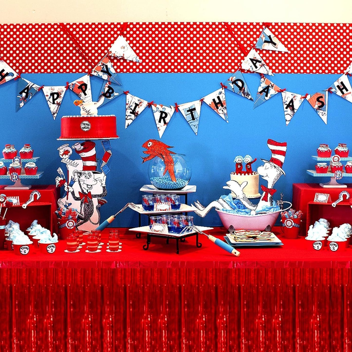 4P Metallic Foil Fringe Tinsel Table Skirts for Rectangle Tables Backdrop Banner Tinsel Streamer Garland Curtains for Parade Floats Wedding Graduation Anniversary Birthday Parties Decoration (Red)