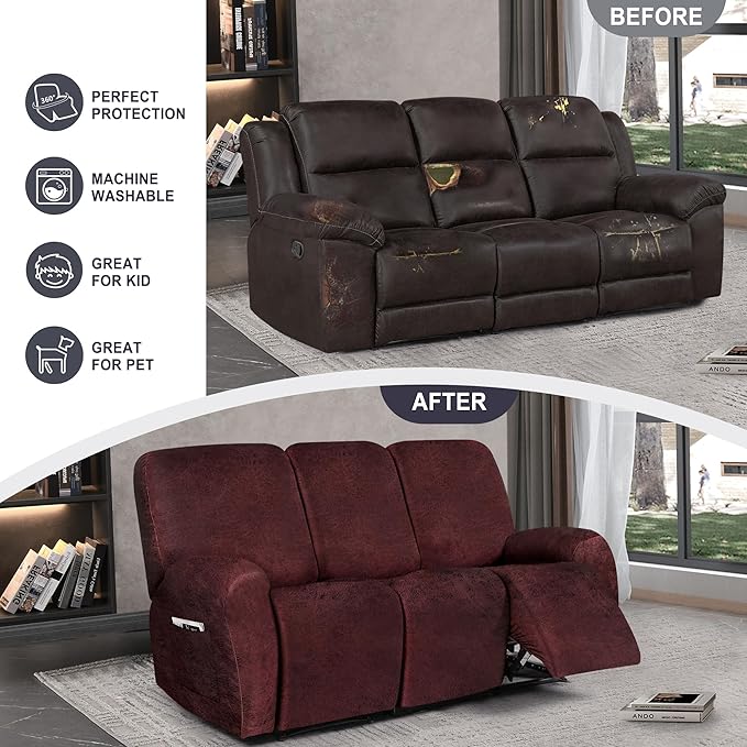 ANARACHON Leather Look Recliner Couch Cover, 8-Pieces Stretch Recliner Sofa - Image 6