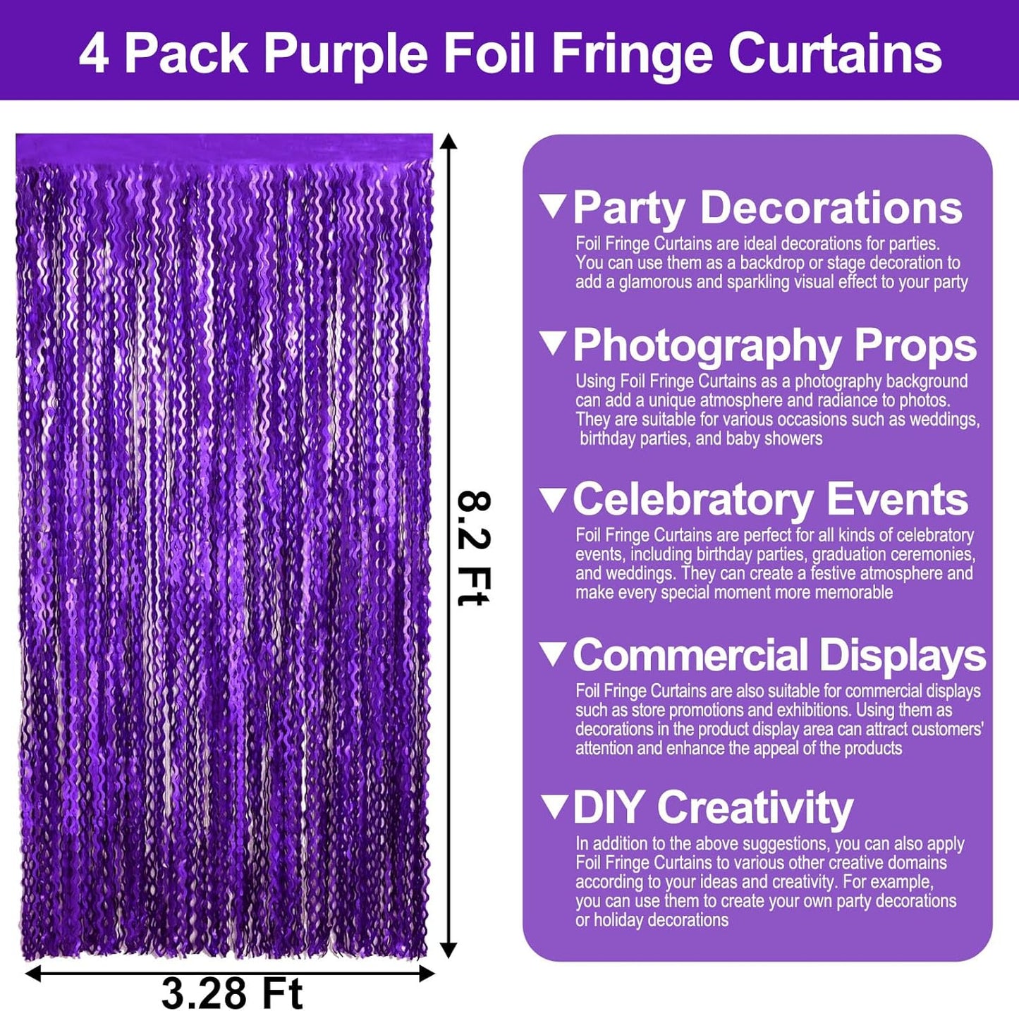 4 Pack Purple Wave Foil Fringe Curtain Backdrop, 3.28Ft x 8.2Ft Metallic Tinsel Foil Fringe Streamer Curtains for Photo Booth, Mother's Day, Easter, Birthday, Wedding Party Decoration