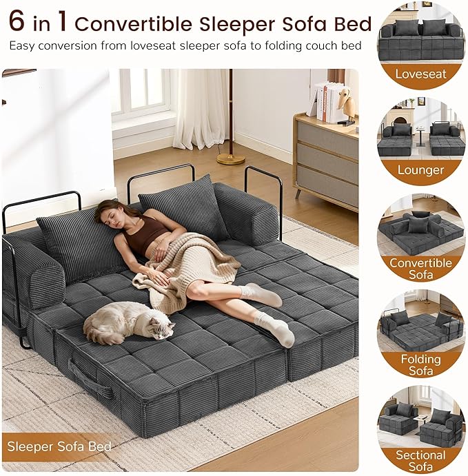 Korser Folding Convertible Sofa Bed, Corduroy Upholstered Boneless Couch - Image 3