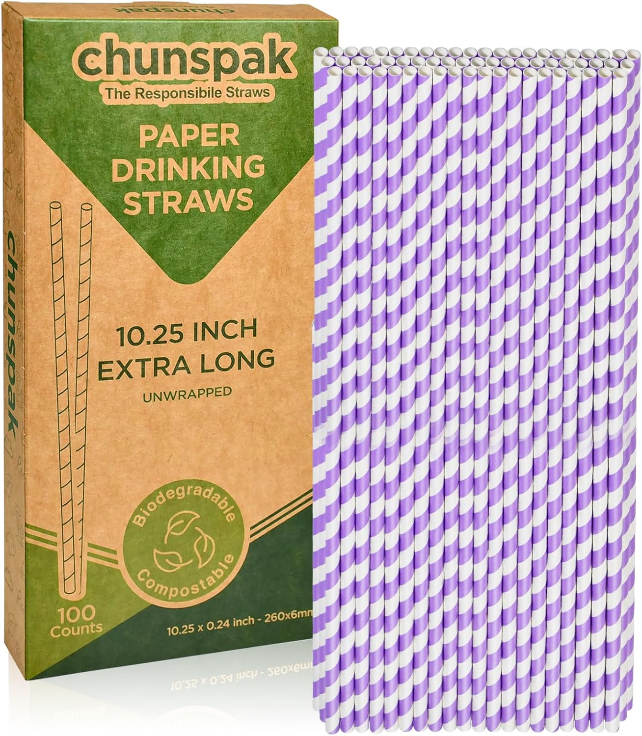 Compostable Paper Drinking Straws 10 Inch Long, for 20oz to 32oz Tumblers - Purple, Pack of 100