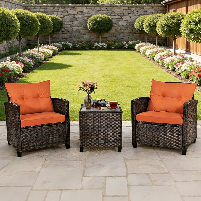 COSTWAY 3PCS Patio Furniture Set, PE Rattan Wicker Sofa w/Washable Cushion and - Image 2