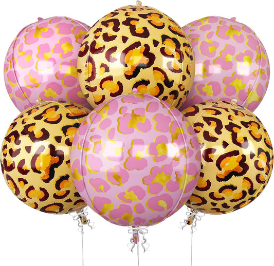 6Pcs Gold and Pink Cheetah Print Foil Balloons, 22inch 4D Leopard Theme Balloons, Large Round Ball Animal Foil Balloon for Cheetah Zoo Themed Wild Jungle Birthday Party Backdrop Decorations