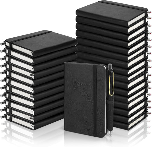 Aodaer 50 Sets Pocket Notebook Journal with Pens, 160 Pages, 3.5 x 5.5 Inch Mini Lined Journal Notebook A6 Leather Hardcover College Ruled Notepad with Pen Holder for School Office Gifts, Black