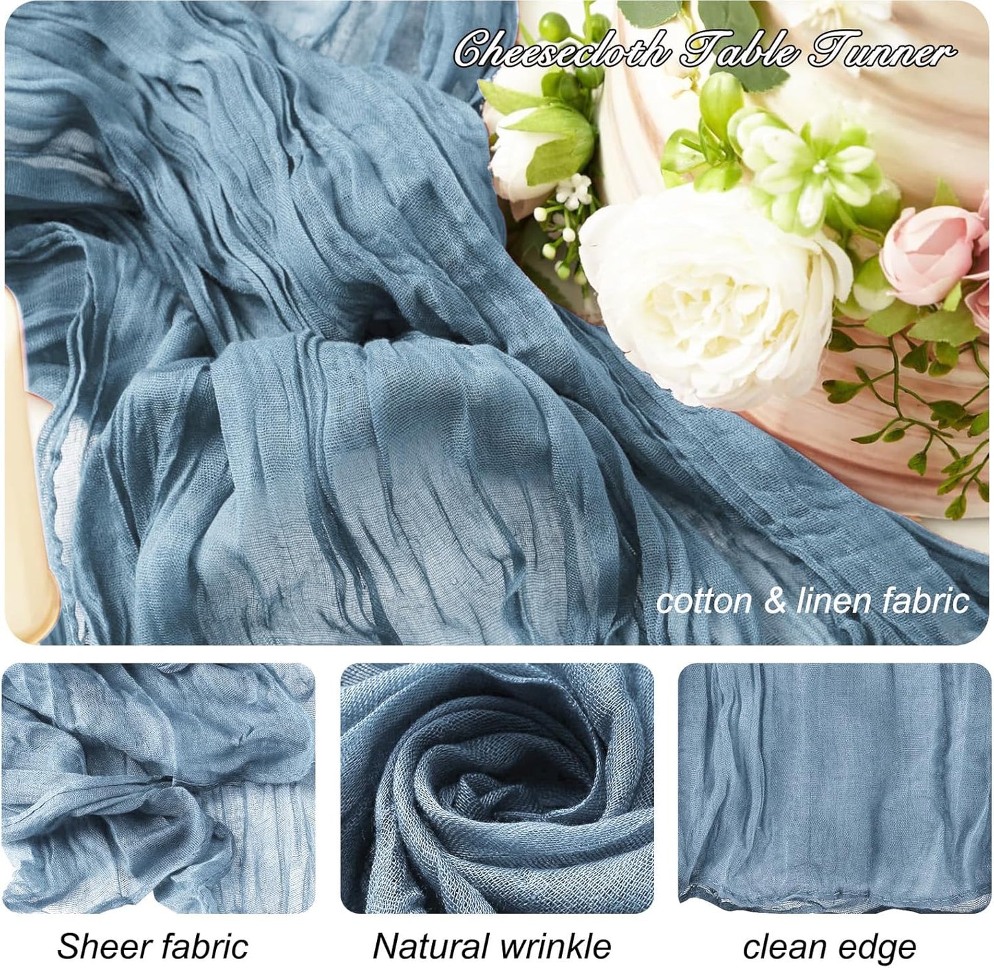 8 Pack 10Ft Dusty Blue Cheesecloth Table Runner 35x120 inch Boho Gauze Cheese Cloths Table Runners Long Wrinkled Sheer Romantic Table Runner for Wedding Bridal Shower Birthday Party Table Decor