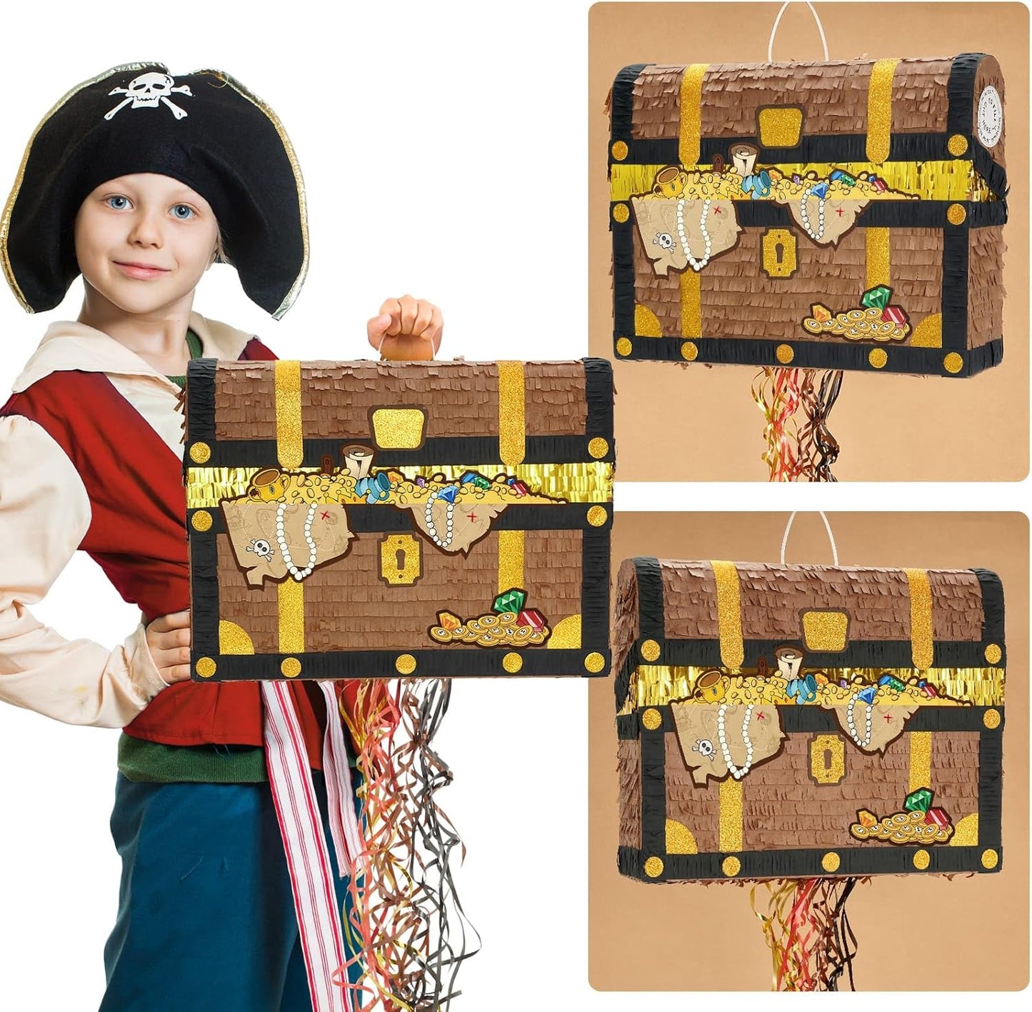 WERNNSAI Treasure Chest Piñata - Pull String Pirate Themed Piñata with Blindfold and Bat Adventure Birthday Party Decoration for Boys Kids Family Games Piñata Adventure Theme Party Supplies